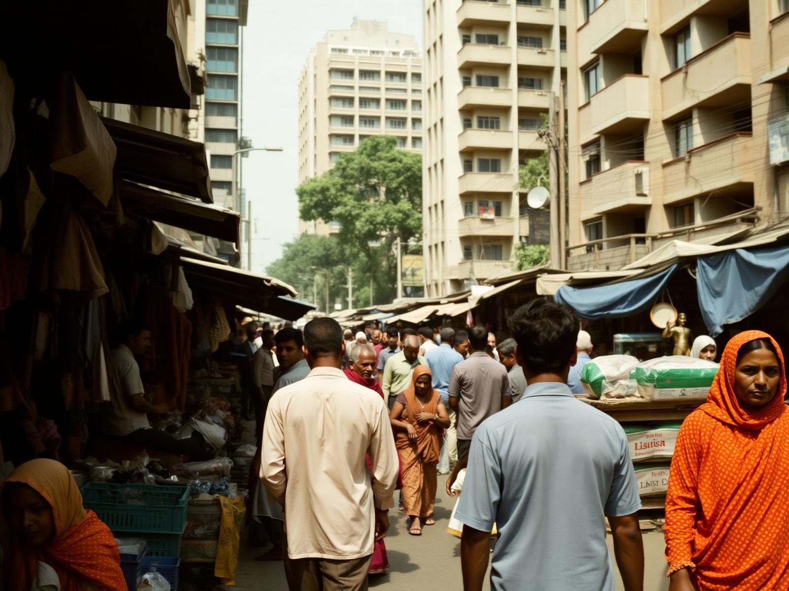 Editorial photograph of a Global South street with informal economy and modern buildings